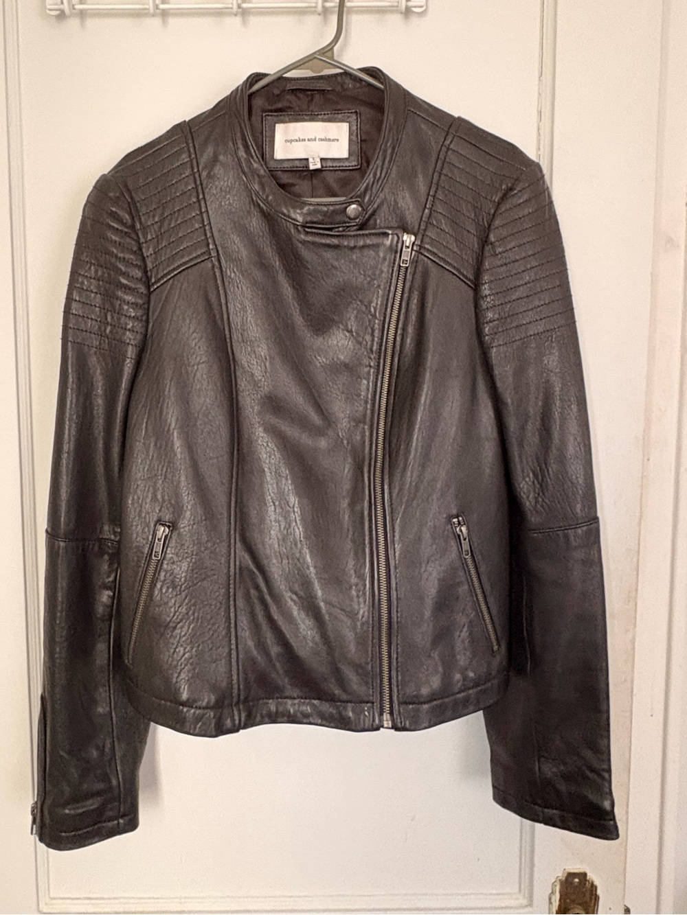 cupcakes & cashmere Black Quilted-Shoulder Leather Moto Jacket